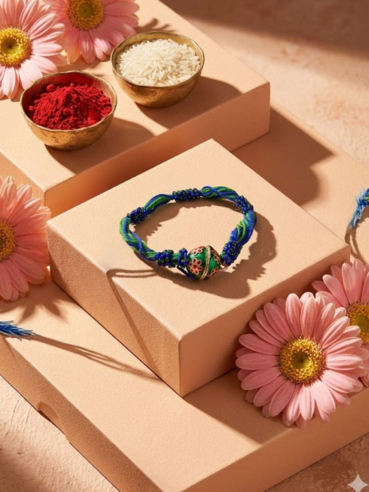 NVR Magnetic Opening Blue Meenakari Work Thread Rakhi with Roli Chawal Chandan Mishri