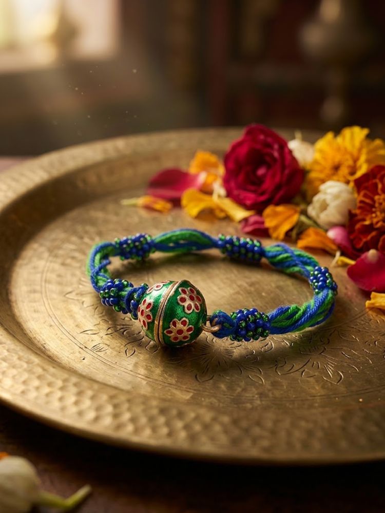 NVR Magnetic Opening Blue Meenakari Work Thread Rakhi with Roli Chawal Chandan Mishri