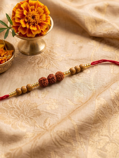 NVR Religious Rudraksh & Red Thread Rakhi with Roli Chawal Chandan Mishri