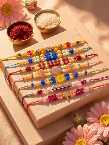 NVR Set of 7 Multicolor Designer Thread Rakhi with Roli Chawal Chandan Mishri