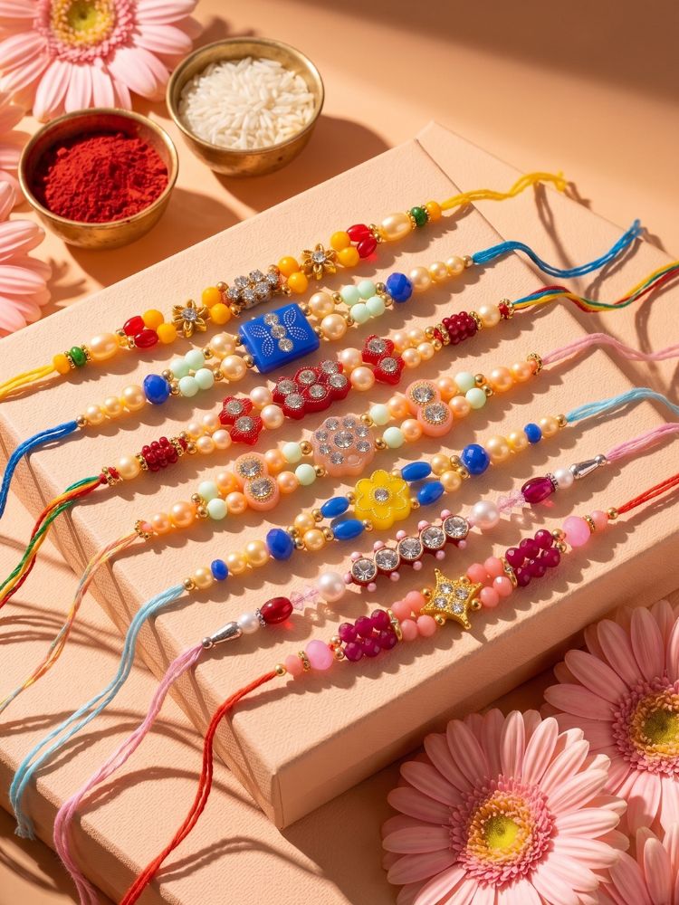 NVR Set of 7 Multicolor Designer Thread Rakhi with Roli Chawal Chandan Mishri