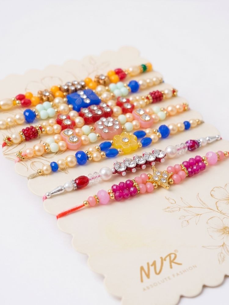 NVR Set of 7 Multicolor Designer Thread Rakhi with Roli Chawal Chandan Mishri