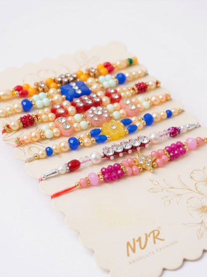NVR Set of 7 Multicolor Designer Thread Rakhi with Roli Chawal Chandan Mishri