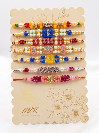 NVR Set of 7 Multicolor Designer Thread Rakhi with Roli Chawal Chandan Mishri