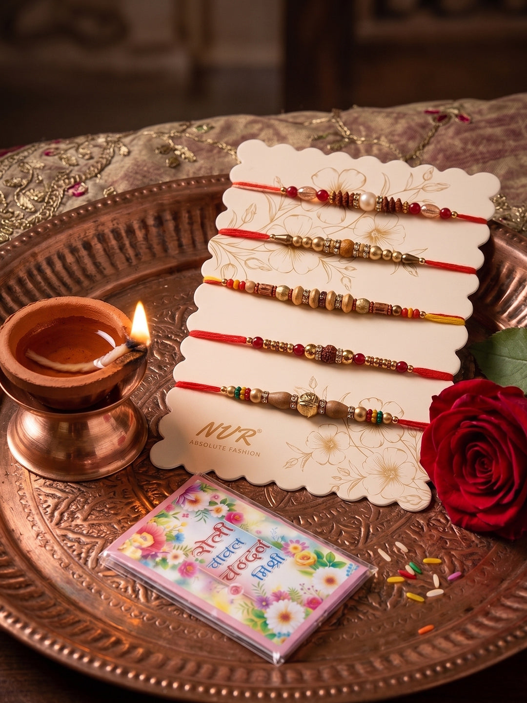 NVR Set of 5 Multicolor Designer Thread Rakhi with Roli Chawal Chandan Mishri