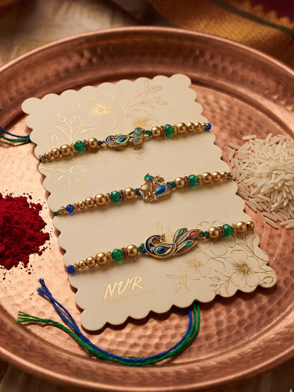 NVR Set of 3 Peacock Design Multicolor Artificial Beads Thread Rakhi With Roli Chawal