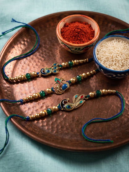 NVR Set of 3 Peacock Design Multicolor Artificial Beads Thread Rakhi With Roli Chawal