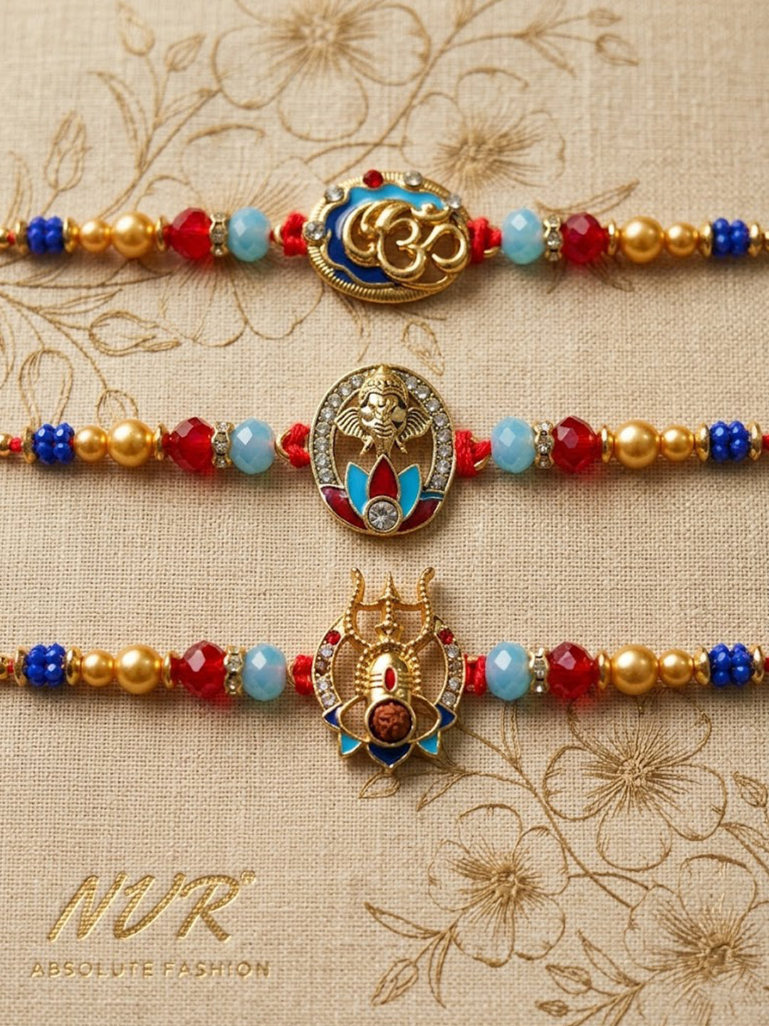NVR Multicolor Set of 3 Artificial Stones Religious Thread Rakhi With Roli Chawal Chandan