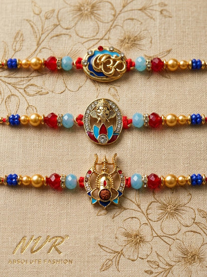 NVR Multicolor Set of 3 Artificial Stones Religious Thread Rakhi With Roli Chawal Chandan