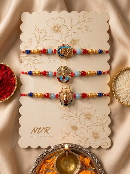 NVR Multicolor Set of 3 Artificial Stones Religious Thread Rakhi With Roli Chawal Chandan