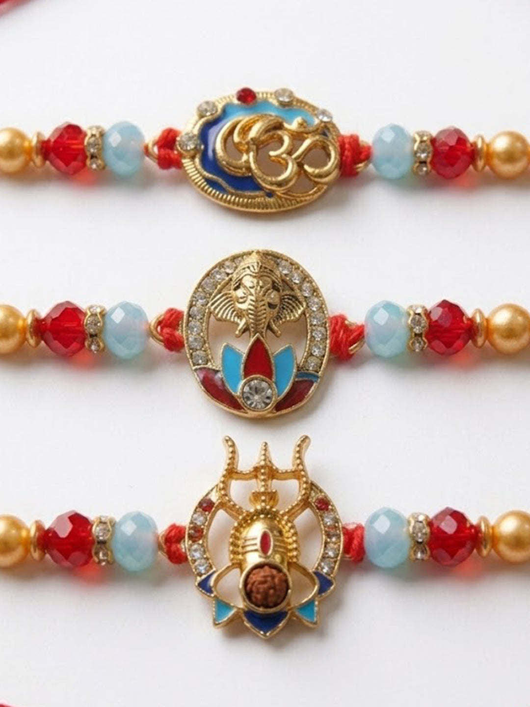 NVR Multicolor Set of 3 Artificial Stones Religious Thread Rakhi With Roli Chawal Chandan
