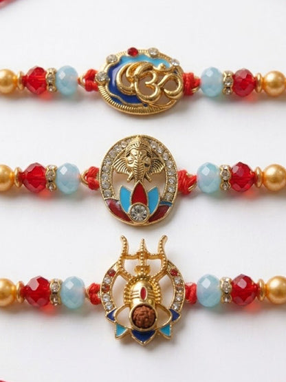 NVR Multicolor Set of 3 Artificial Stones Religious Thread Rakhi With Roli Chawal Chandan