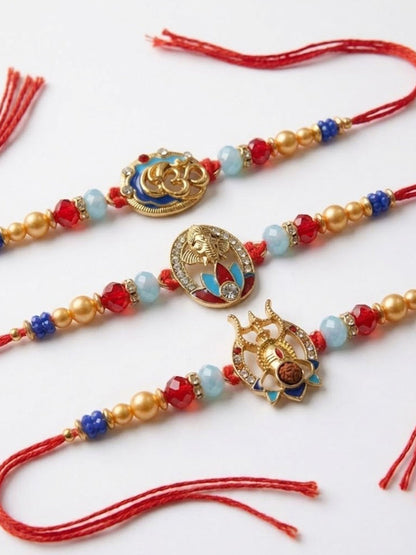 NVR Multicolor Set of 3 Artificial Stones Religious Thread Rakhi With Roli Chawal Chandan