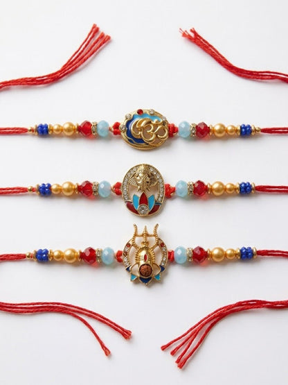 NVR Multicolor Set of 3 Artificial Stones Religious Thread Rakhi With Roli Chawal Chandan