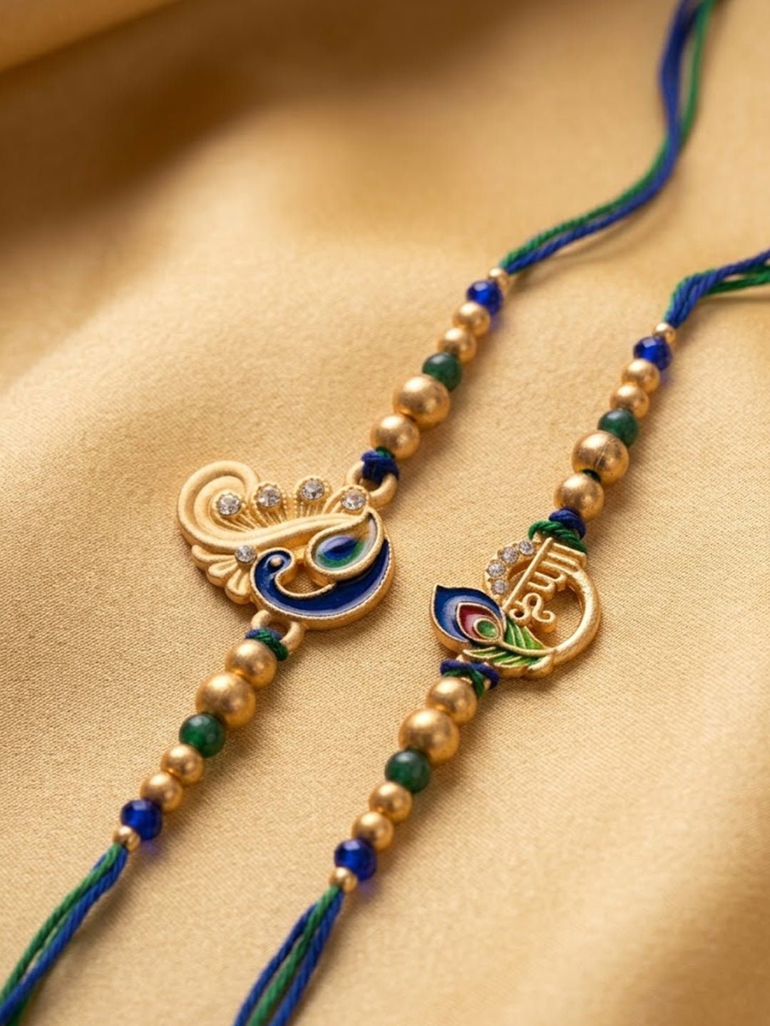 NVR Set of 2 Krishna & Peacock Design Artificial Beads Thread Rakhi With Roli Chawal