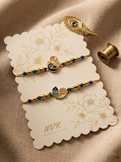 NVR Set of 2 Krishna & Peacock Design Artificial Beads Thread Rakhi With Roli Chawal