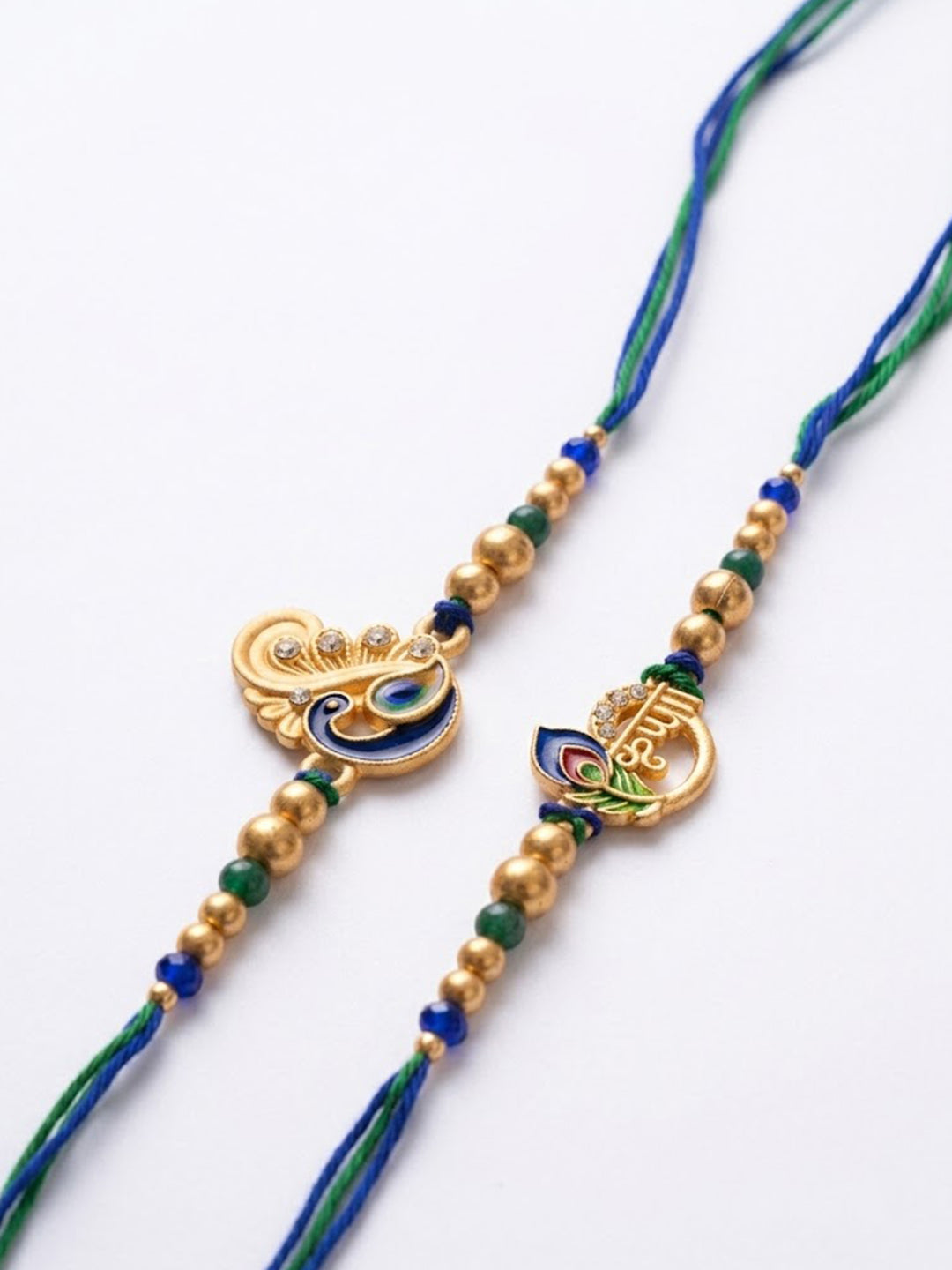 NVR Set of 2 Krishna & Peacock Design Artificial Beads Thread Rakhi With Roli Chawal