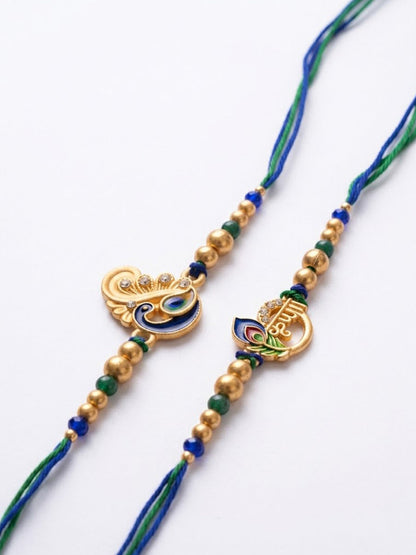 NVR Set of 2 Krishna & Peacock Design Artificial Beads Thread Rakhi With Roli Chawal
