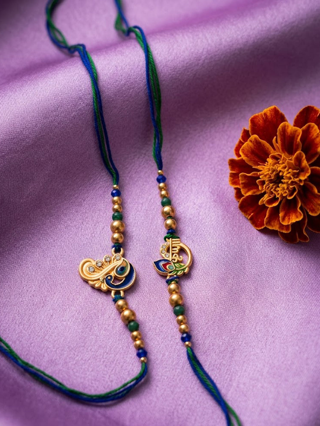 NVR Set of 2 Krishna & Peacock Design Artificial Beads Thread Rakhi With Roli Chawal
