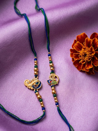 NVR Set of 2 Krishna & Peacock Design Artificial Beads Thread Rakhi With Roli Chawal
