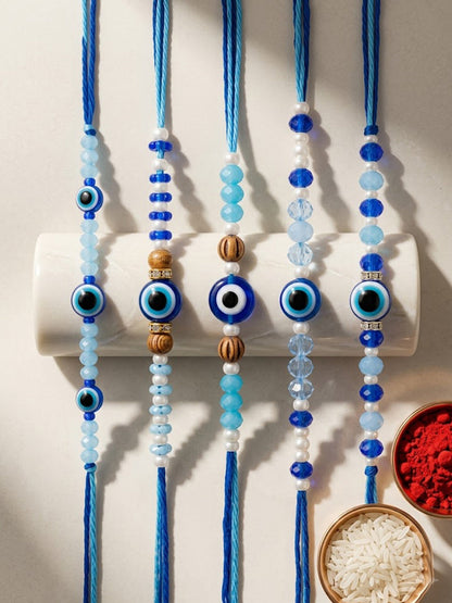 NVR Set of 5 Blue Evil Eye Thread Rakhi with Roli Chawal Chandan Mishri