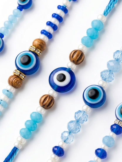 NVR Set of 5 Blue Evil Eye Thread Rakhi with Roli Chawal Chandan Mishri