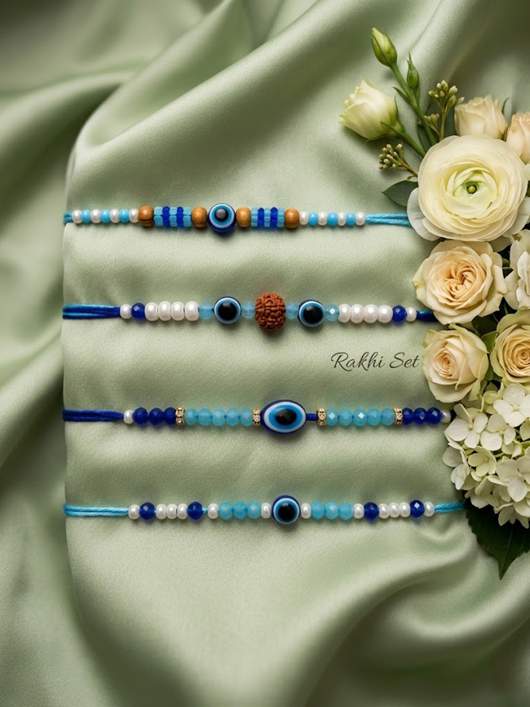 NVR Set of 4 Blue Evil Eye Thread Rakhi with Roli Chawal Chandan Mishri