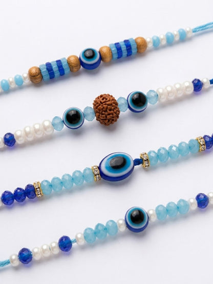 NVR Set of 4 Blue Evil Eye Thread Rakhi with Roli Chawal Chandan Mishri