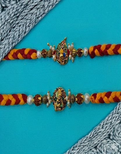 NVR Set of 2 Pearls Religious Thread Rakhi with Roli Chawal Chandan Mishri