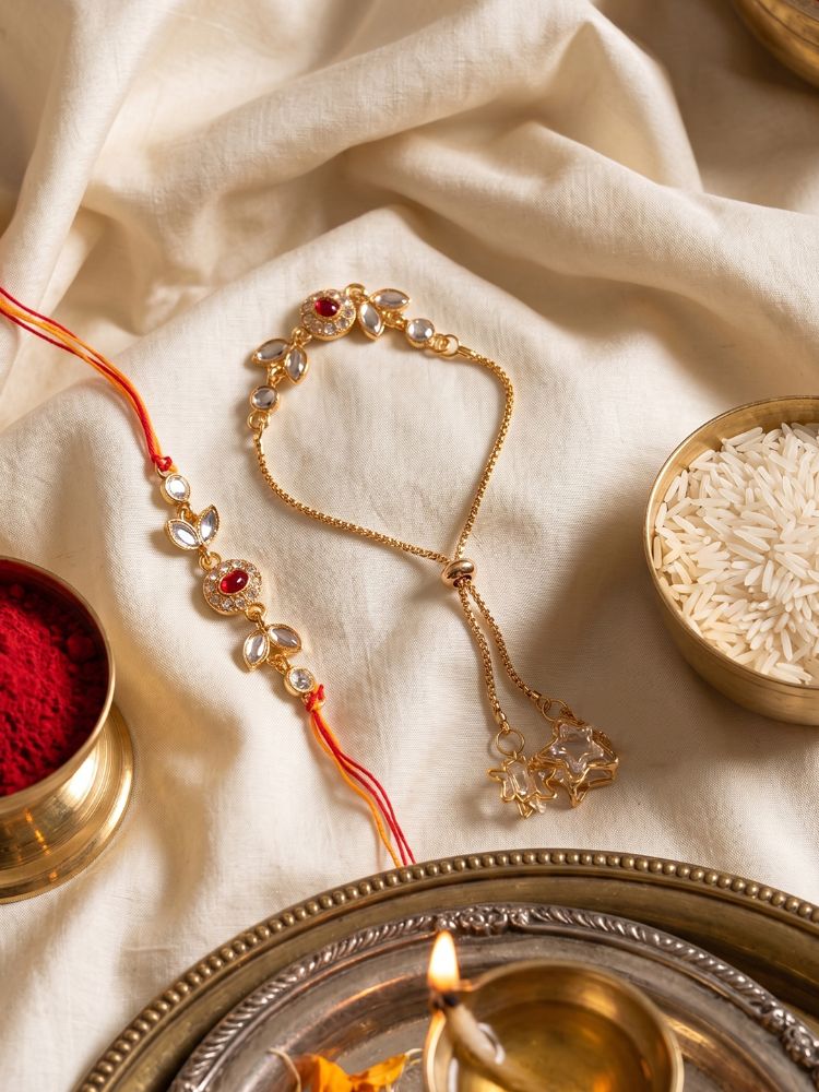 NVR Set of 2 Kundan Studded Gold Toned Bhaiya Bhabhi Rakhi with Roli Chawal Chandan Mishri