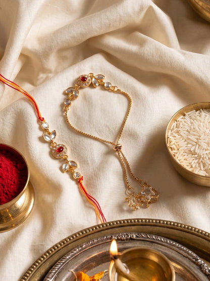 NVR Set of 2 Kundan Studded Gold Toned Bhaiya Bhabhi Rakhi with Roli Chawal Chandan Mishri