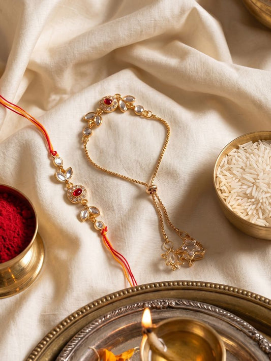 NVR Set of 2 Kundan Studded Gold Toned Bhaiya Bhabhi Rakhi with Roli Chawal Chandan Mishri