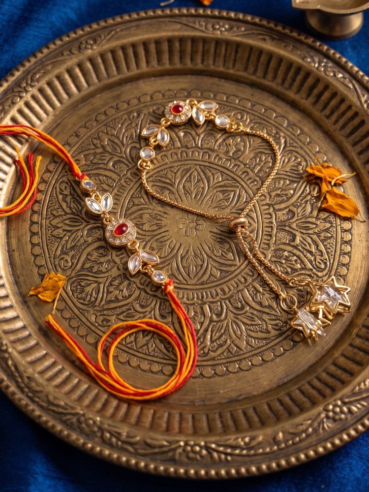 NVR Set of 2 Kundan Studded Gold Toned Bhaiya Bhabhi Rakhi with Roli Chawal Chandan Mishri