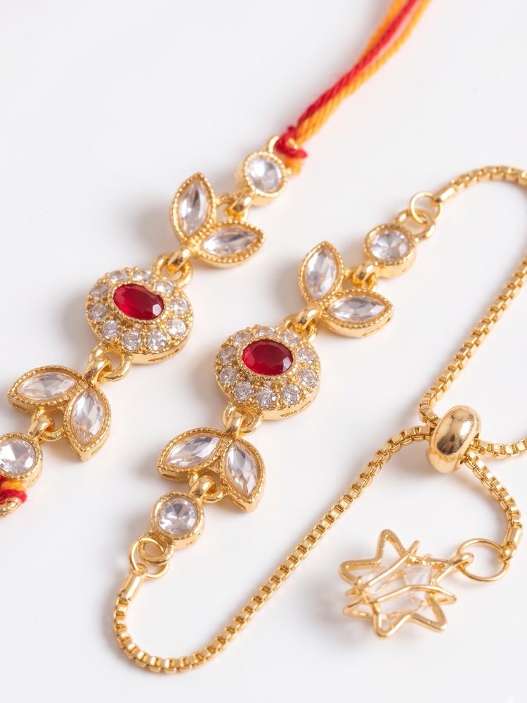 NVR Set of 2 Kundan Studded Gold Toned Bhaiya Bhabhi Rakhi with Roli Chawal Chandan Mishri