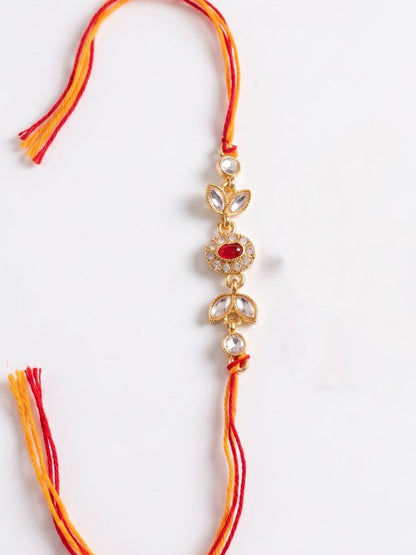 NVR Set of 2 Kundan Studded Gold Toned Bhaiya Bhabhi Rakhi with Roli Chawal Chandan Mishri