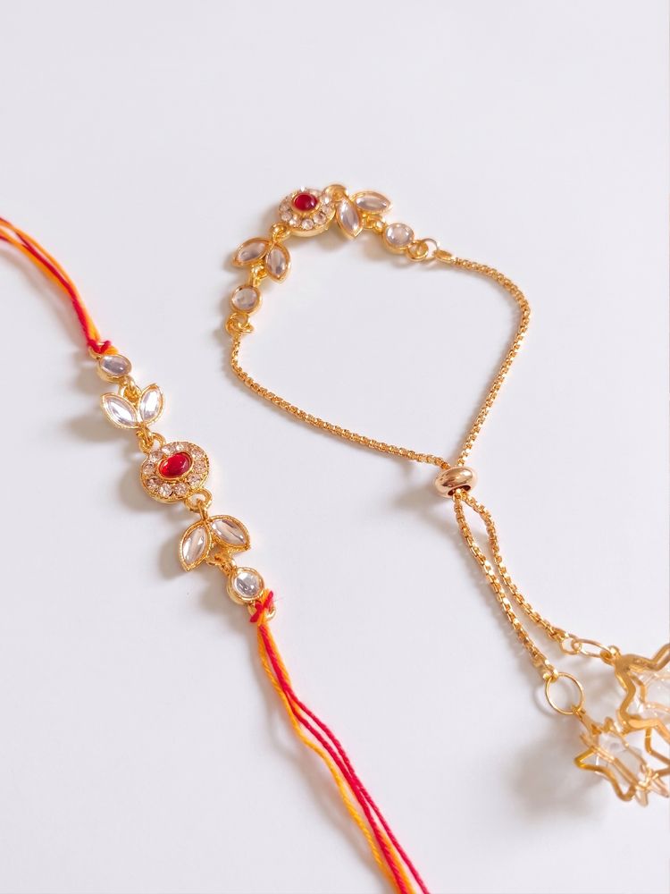 NVR Set of 2 Kundan Studded Gold Toned Bhaiya Bhabhi Rakhi with Roli Chawal Chandan Mishri