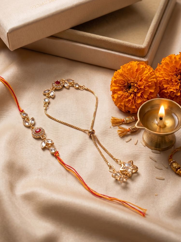 NVR Set of 2 Kundan Studded Gold Toned Bhaiya Bhabhi Rakhi with Roli Chawal Chandan Mishri