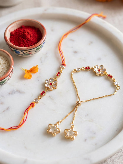 NVR Set of 2 Gold Toned Kundan Studded Bhaiya Bhabhi Rakhi with Roli Chawal Chandan Mishri