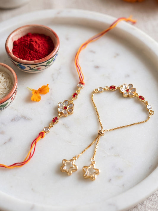 NVR Set of 2 Gold Toned Kundan Studded Bhaiya Bhabhi Rakhi with Roli Chawal Chandan Mishri