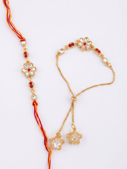 NVR Set of 2 Gold Toned Kundan Studded Bhaiya Bhabhi Rakhi with Roli Chawal Chandan Mishri