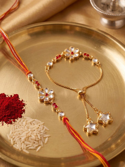 NVR Set of 2 Gold Toned Kundan Studded Bhaiya Bhabhi Rakhi with Roli Chawal Chandan Mishri