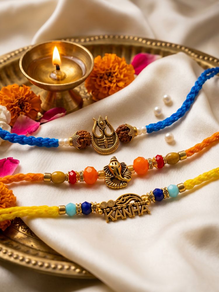 NVR Set of 3 Rudraksh Religious Rakhi Thread Rakhi Roli Chawal Chandan Mishri