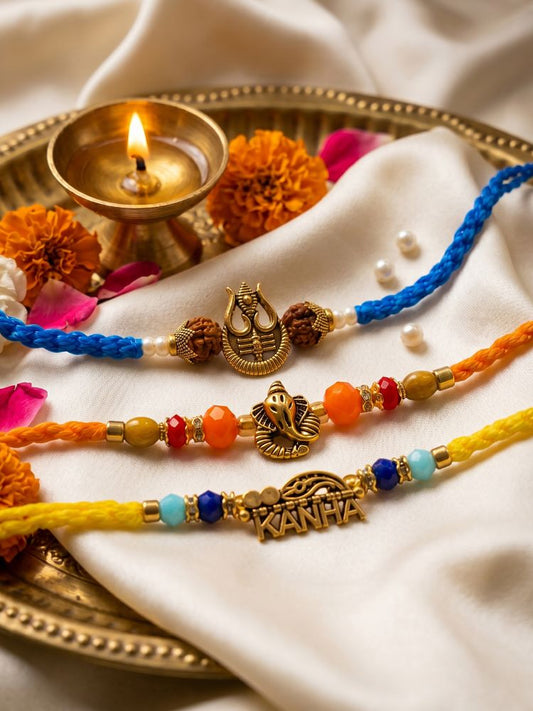 NVR Set of 3 Rudraksh Religious Rakhi Thread Rakhi Roli Chawal Chandan Mishri