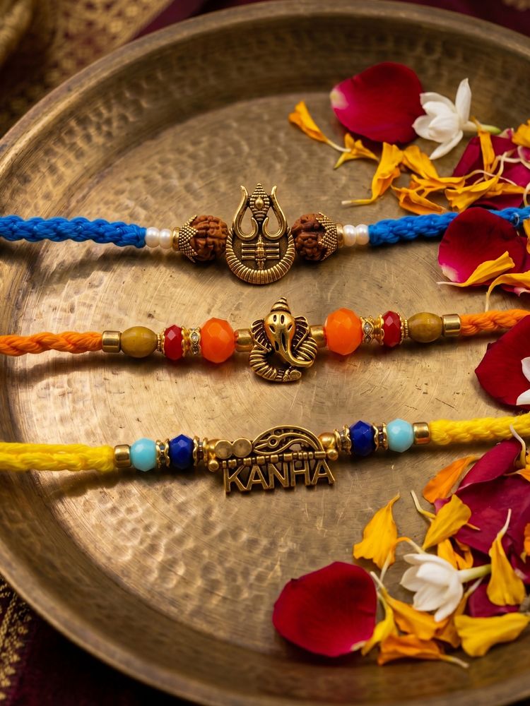 NVR Set of 3 Rudraksh Religious Rakhi Thread Rakhi Roli Chawal Chandan Mishri