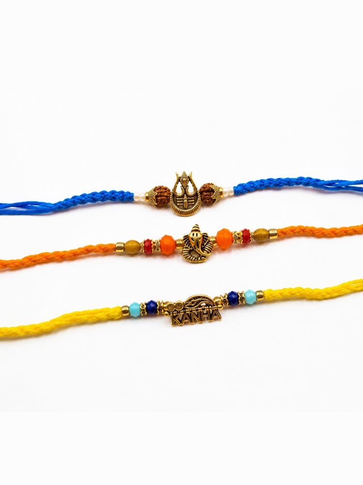 NVR Set of 3 Rudraksh Religious Rakhi Thread Rakhi Roli Chawal Chandan Mishri