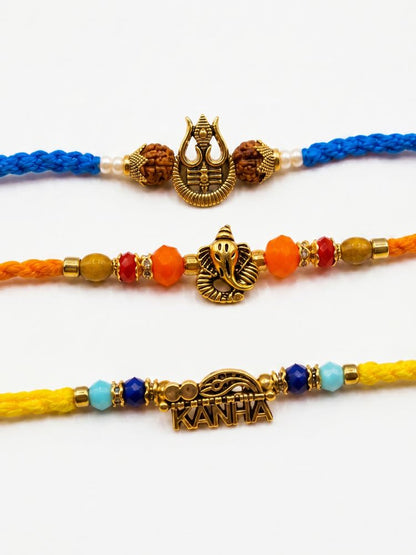 NVR Set of 3 Rudraksh Religious Rakhi Thread Rakhi Roli Chawal Chandan Mishri