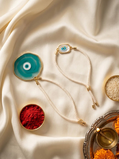 NVR Set of 2 Evil Eye Design Bhaiya Bhabhi Wraparound Rakhi with Roli Chawal Chandan