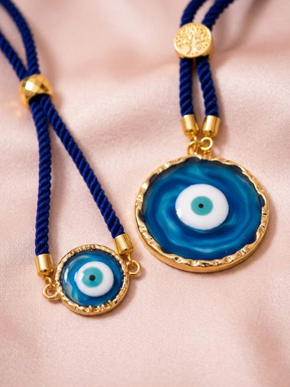 NVR Set of 2 Blue Evil Eye Design Bhaiya Bhabhi Wraparound Rakhi with Roli Chawal Chandan