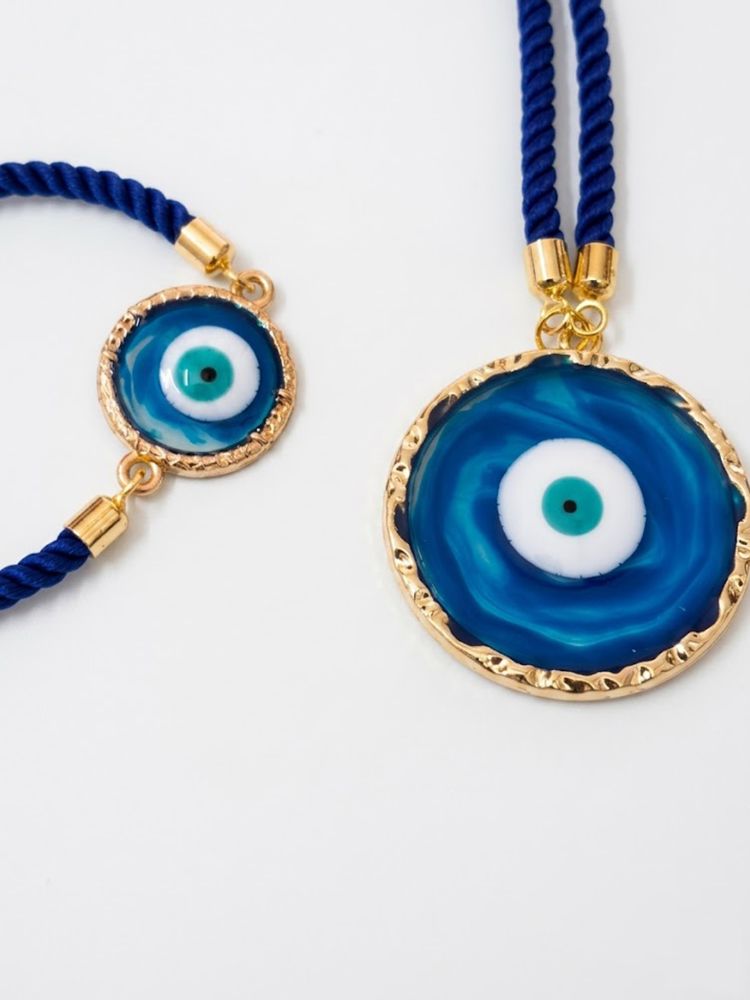 NVR Set of 2 Blue Evil Eye Design Bhaiya Bhabhi Wraparound Rakhi with Roli Chawal Chandan