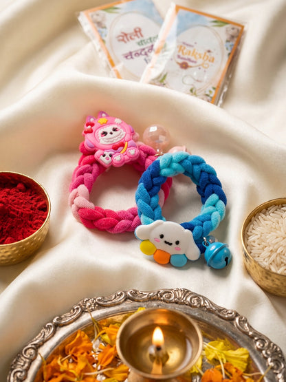 NVR Set of 2 Blue & Pink Kids Rakhi with Roli Chawal Chandan Mishri